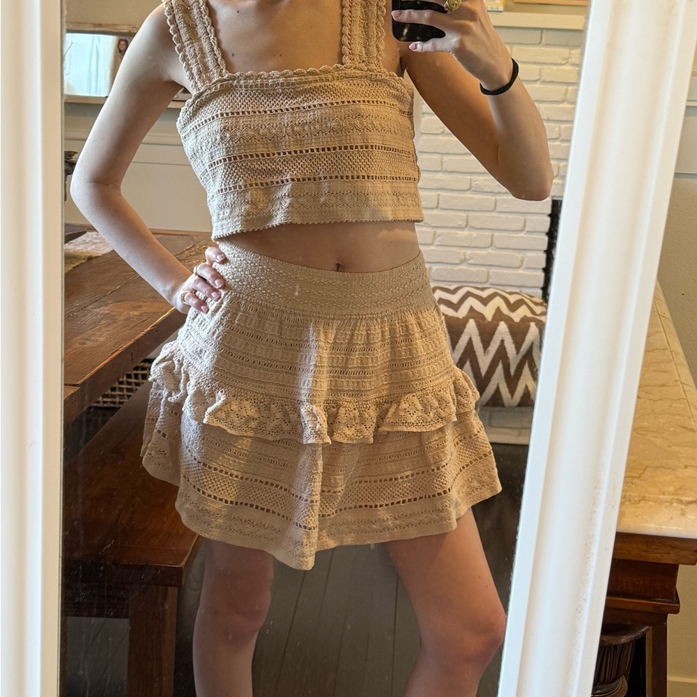 Beige Crochet Crop Top and Skirt Set XS lightly worn